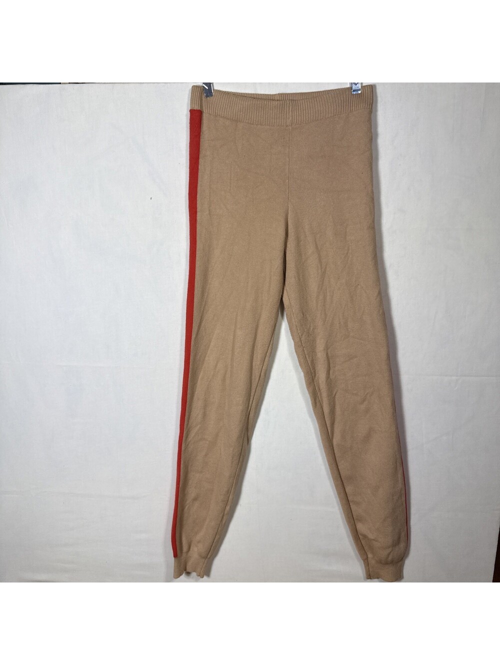 Fashion Nova Womens Large Knit Joggers Tan Beige Red Side Stripe Pants